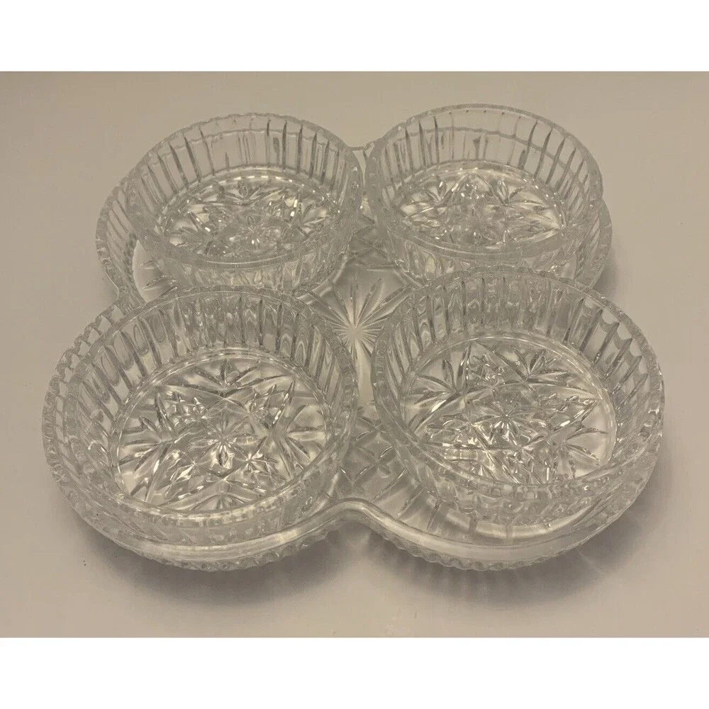 SHANNON CRYSTAL 5 piece serving tray & dip/berry/nuts bowls